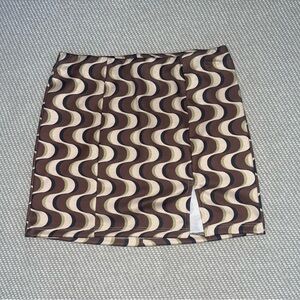 Originality Brown Green Tan 3D Retro Wave Print Mini Slit Pencil Skirt Sz Xs